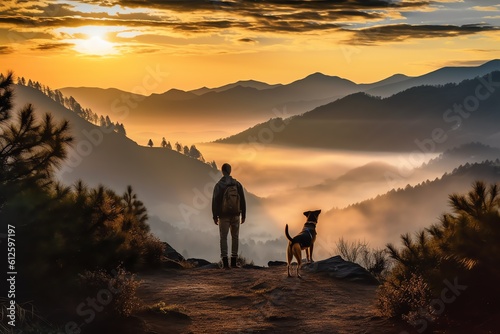 a man walking with a dog, sunset in the mountains, hiking, love nature, ai generated