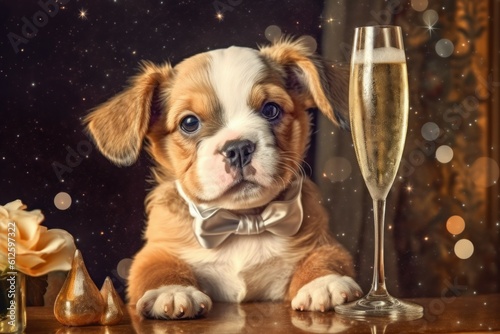 Cute puppy with a glass of champagne or sparkling wine. AI generated, human enhanced
