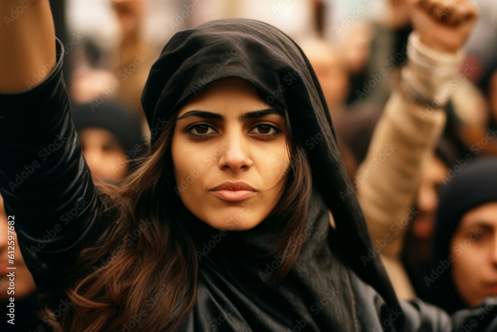 Arab woman protesting at a social rally. AI generated, human enhanced Arab woman protesting at a social rally. AI generated, human enhanced