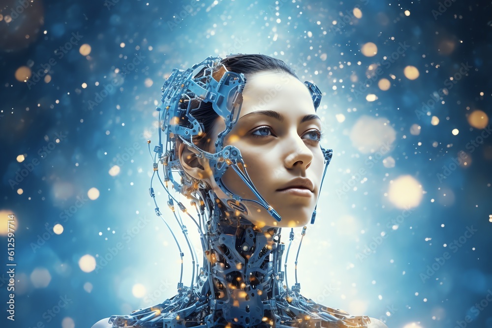 portrait in profile of a beautiful female robot with blue background and lights portrait in profile of a beautiful female robot with blue background and lights
