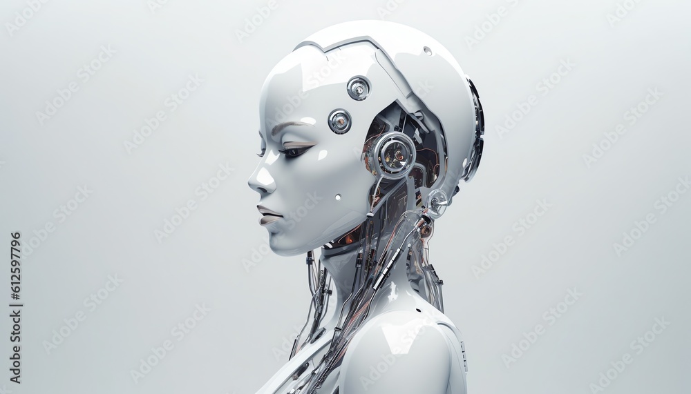 female cyborg head isolated on white background, free space female cyborg head isolated on white background, free space