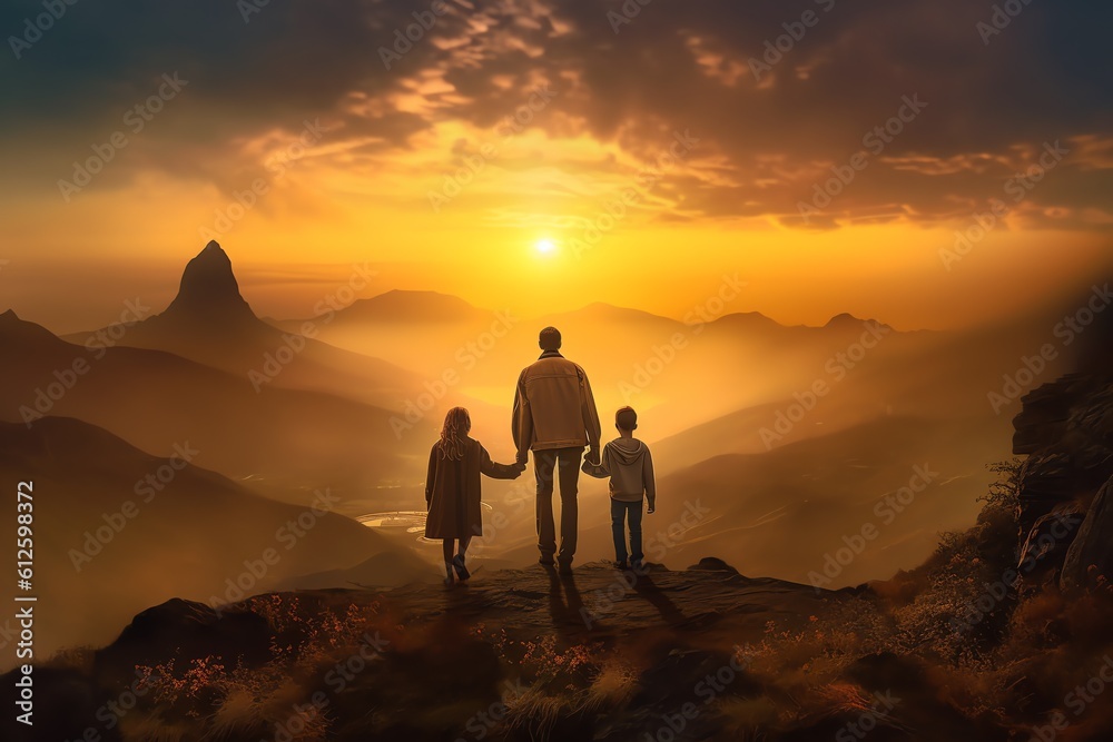 father with children walking in the mountains at sunset father with children walking in the mountains at sunset