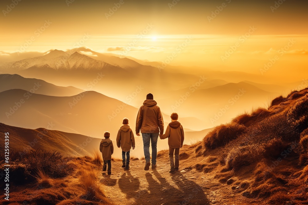 father with children walking in the mountains at sunset
