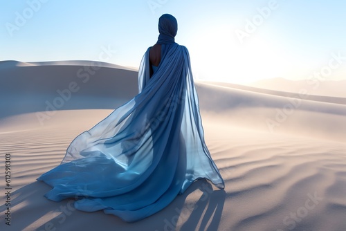 epic view of a woman in a flying luxurious blue dress stands with her back in the sand desert
