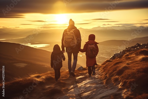 father with children walking in the mountains at sunset