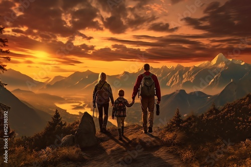 family walking in the mountain - mother father and child