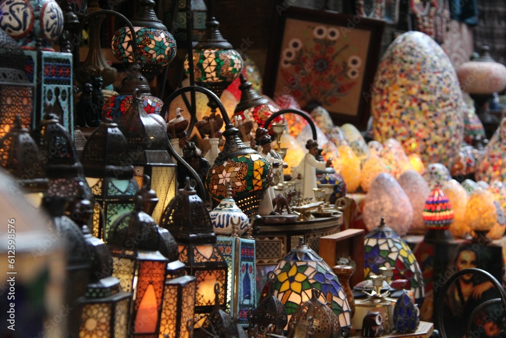 Close-up shot of Handmade Traditional Egyptian Lamps at Khan El Khalili Market in Cairo, Egypt