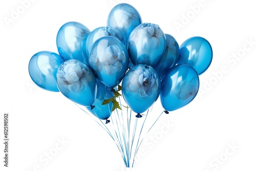 blue flowers and balloons on white background