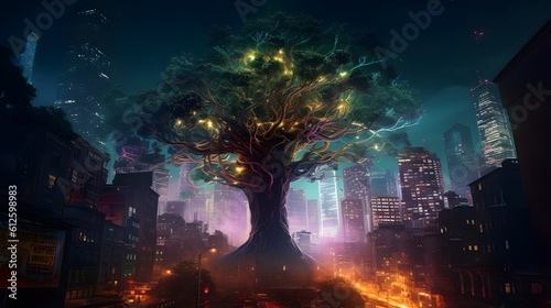 fireworks over the city of night of a big tree generative art