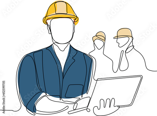 Close up of Caucasian worker with helmet on head using tablet for work while standing in warehouse. Surveyor with a tripod icon. Geodesic tripod. Vector illustration