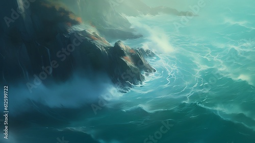 Digital Painting of a Rocky Mountain Coast During a Storm with Crashing Waves from an Aerial View. (Made with Generative AI)