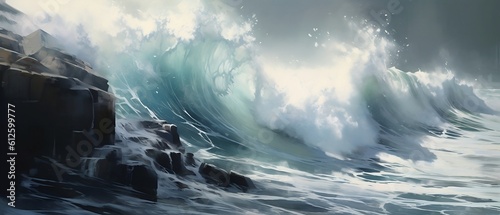 Digitally Painted Ocean Waves Crashing Over Rocks in a Storm. (Made with Generative AI) 