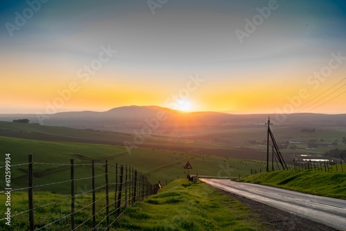 Beautiful view of a road and green fields during sunrise