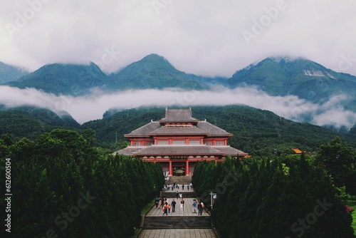 Aerial view of the Zhonghe Temple and forest landscape in China photo