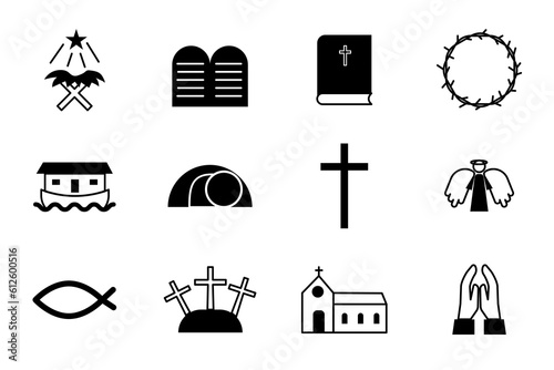 Christianity related icons thin icon set, black and white kit. Vector illustration. stock image.