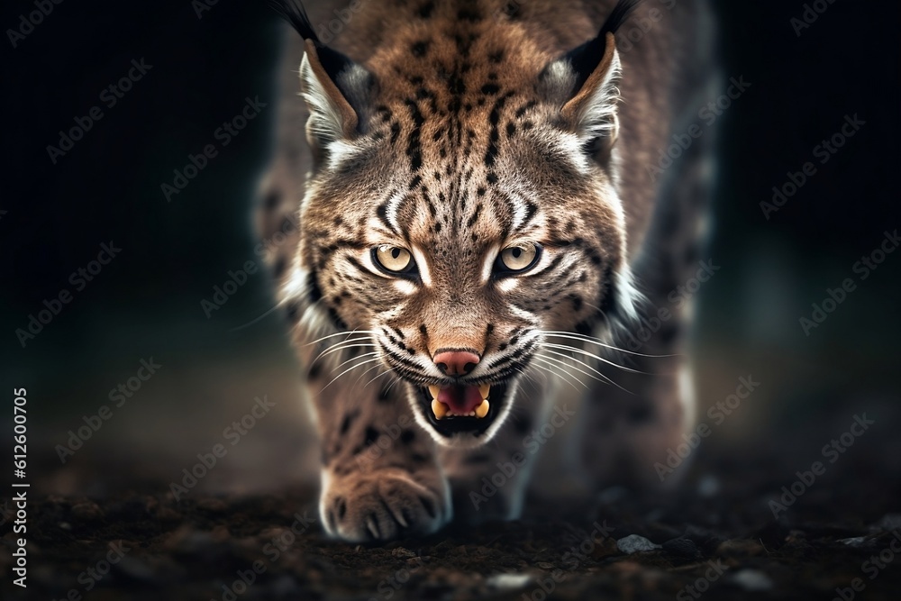Fototapeta premium A leopard facing forward, in an attacking pose, Generative AI, aggressive, wild animal, rage, ferociou