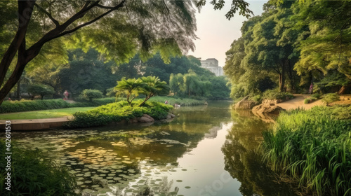 Scenic view of the park in the center of the big city in the summer. With a lagoon in the middle and green trees. In the atmosphere of evening light, Generative AI