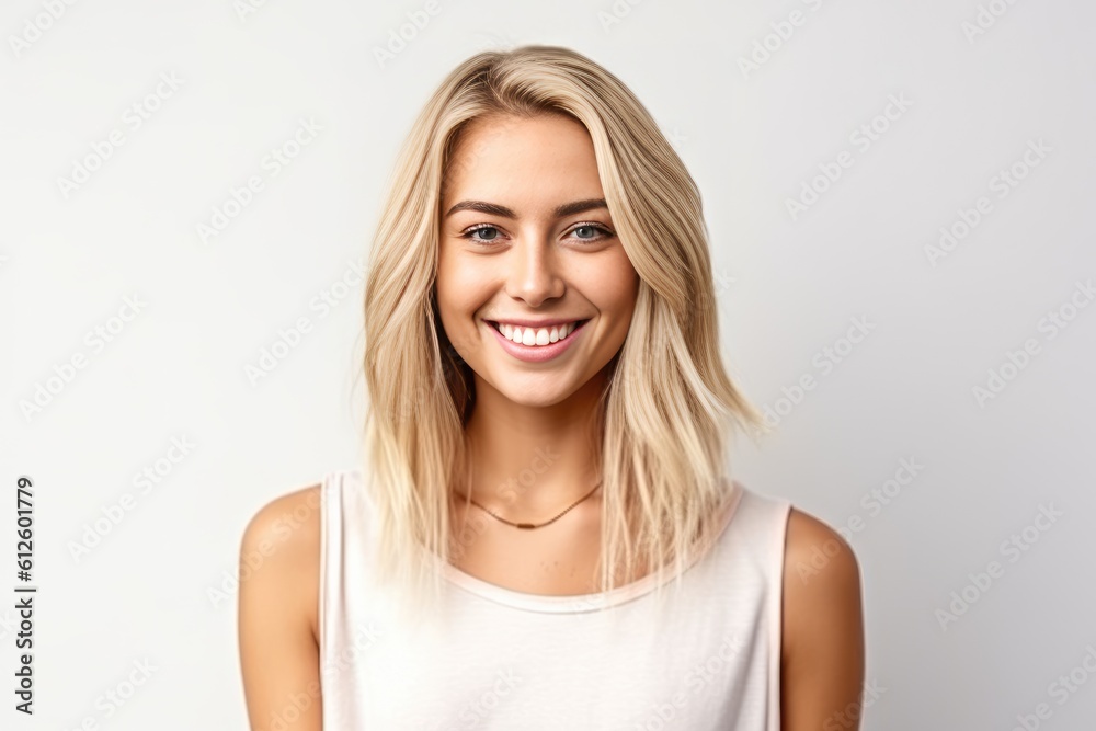 Headshot of a beautiful blond smiling young woman looking at the camera on white background. Generative AI Headshot of a beautiful blond smiling young woman looking at the camera on white background. Generative AI