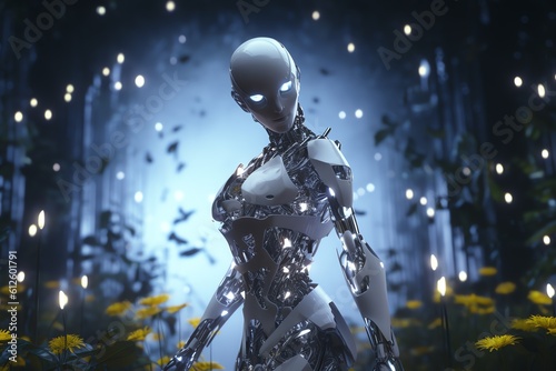 robot with flowers and lights