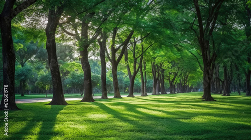 Trees in the park with green grass and sunlight, fresh green nature background, Generative AI