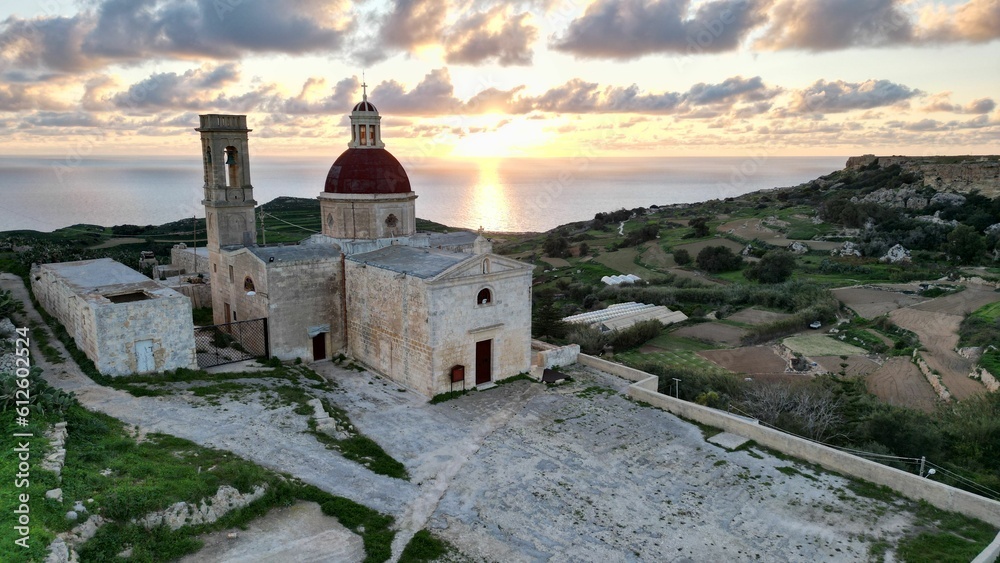 Aerial view of the Church of the Nativity of the Virgin Mary at sunset
