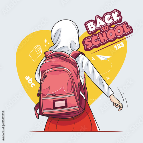 Back to school. Hijab kid girl is running and going to school with fun vector illustration