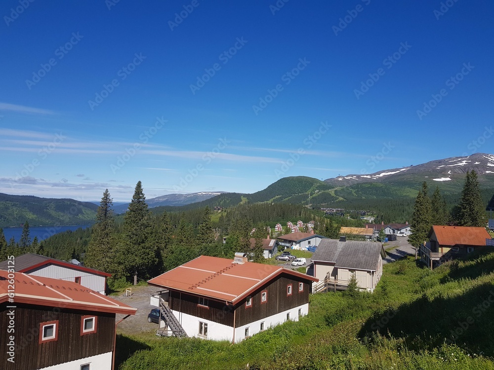 Scenic view of houses in a mountainous countryside with forests under the bright blue sky