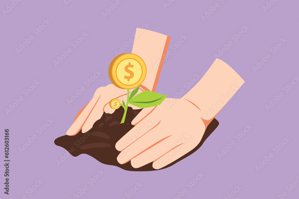 Graphic flat design drawing planting young money tree by kid hand on back soil as care logo, icon, label, symbol. Concept for return coin money saving and investment. Cartoon style vector illustration Graphic flat design drawing planting young money tree by kid hand on back soil as care logo, icon, label, symbol. Concept for return coin money saving and investment. Cartoon style vector illustration