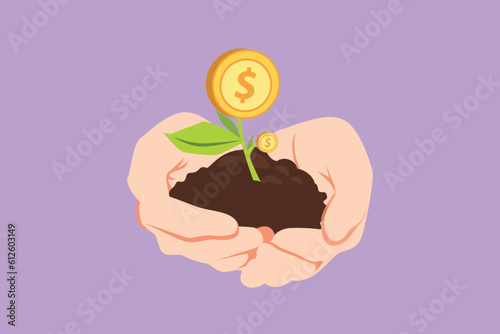 Graphic flat design drawing hands holding money plant in soil on white background. Hand of businessman holding sprout a money tree. Earnings, success in work, money. Cartoon style vector illustration