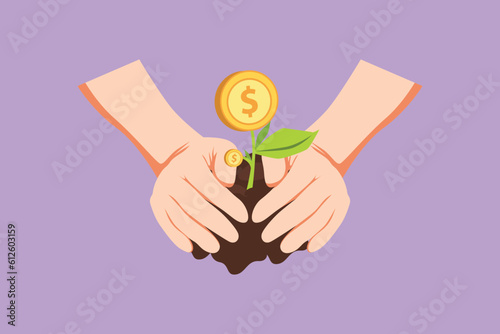 Cartoon flat style drawing farmer hands growing young money tree logo, icon, symbol. Money tree investment growth income interest savings economy financial business. Graphic design vector illustration