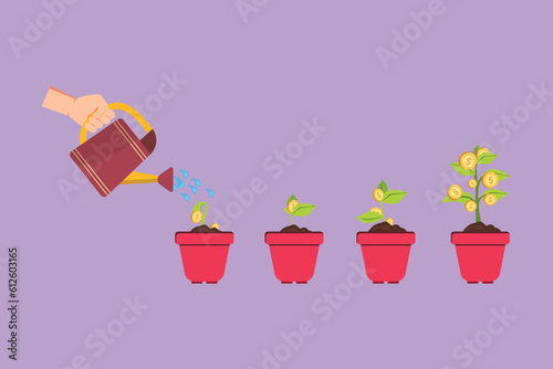 Cartoon flat style drawing hand with can watering money plant in pot logo, icon, symbol. Step of coin stacks, money saving and investment or family planning concept. Graphic design vector illustration