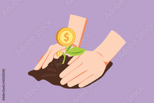 Graphic flat design drawing planting young money tree by kid hand on back soil as care logo, icon, label, symbol. Concept for return coin money saving and investment. Cartoon style vector illustration