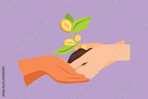Graphic flat design drawing of two hands holding young money plant together. Money tree investment growth income interest savings economy. Concept of better future. Cartoon style vector illustration