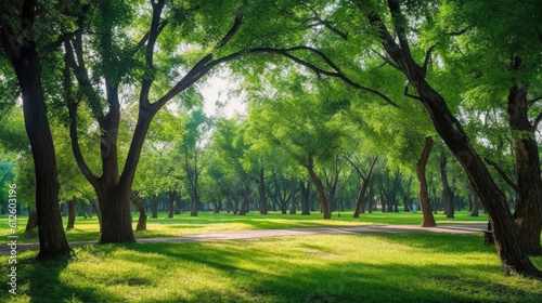 Trees in the park with green grass and sunlight, fresh green nature background, Generative AI