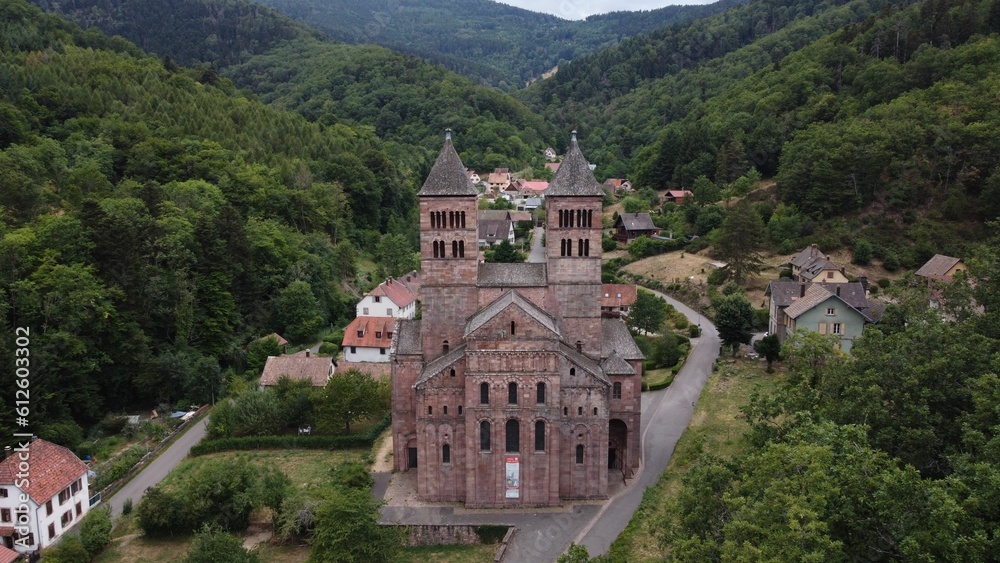 Aerial view of Abbey of Murbach between hills