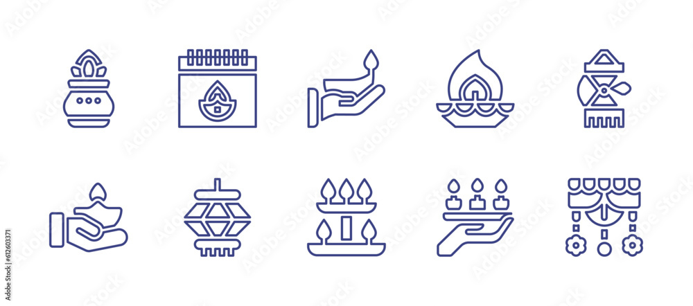 Diwali line icon set. Editable stroke. Vector illustration. Containing kumbh kalash, diwali, candle, lamp, candles, decoration.