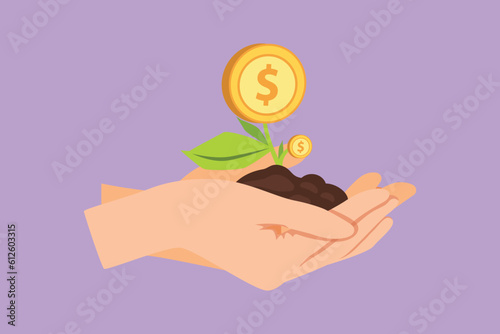 Cartoon flat style drawing hand holding sprout a money tree on nature field symbol. Money tree investment growth income interest savings economy funds stock market. Graphic design vector illustration
