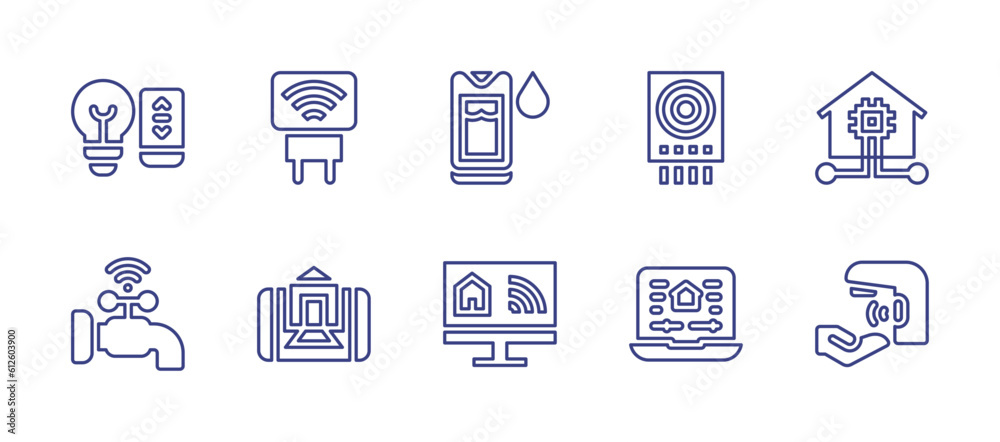 Domotic line icon set. Editable stroke. Vector illustration. Containing smart light, smart plug, humidity control, gas detector, smart home, faucet, home, domotics, water tap.