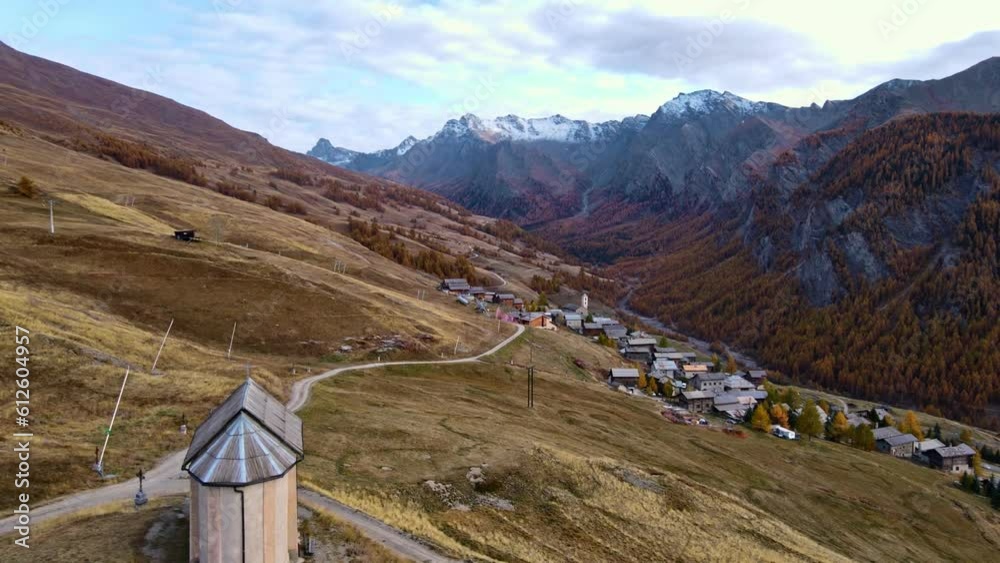 Drone view of buildings in the landscapes of Queyras valley Drone view of buildings in the landscapes of Queyras valley
