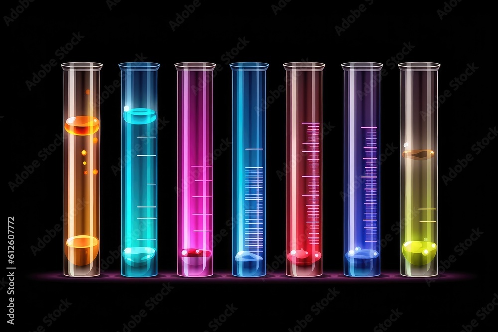 Test tubes with colorful liquids isolated on black.Generative AI