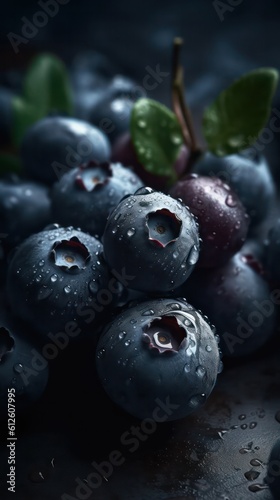 a photo of a bunch of blueberry fruit surrounded by drops of rain water generative ai