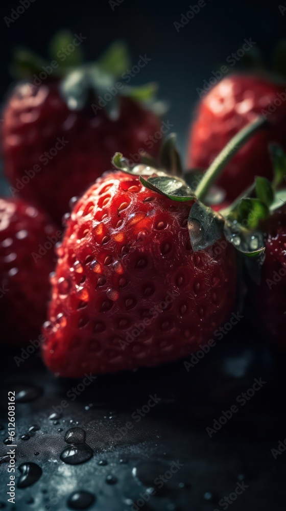 a photo of  a bunch of strawberry fruit surrounded by drops of rain water generative ai
