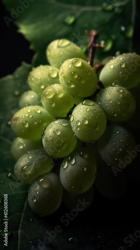 a photo of green grape fruit surrounded by drops of rain water generative ai