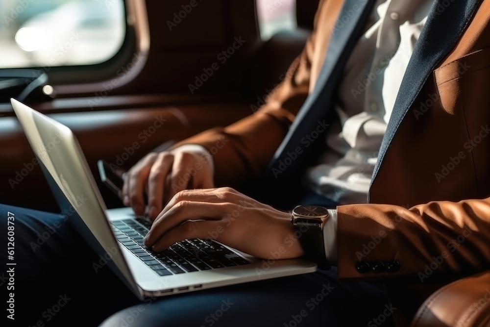 Close-up of male hands writing on a laptop in an airplane. work on modern wireless laptop. application professional use concept .Generative AI