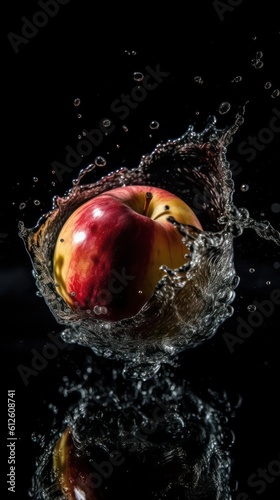 a photo of apple fruit fall in water on black background generative ai
