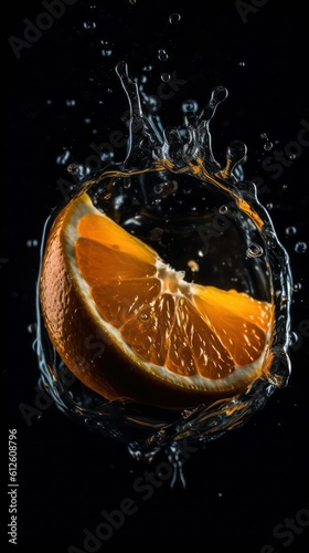 a photo of slice of orange fruit fall in water on black background generative ai