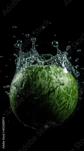 a photo of melon fruit fall in water on black background generative ai
