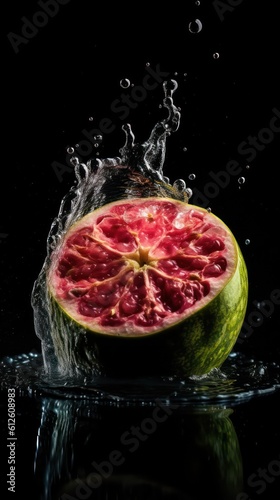 a photo of guava fruit fall in water on black background generative ai