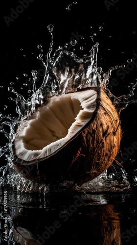 a photo of coconut fruit fall in water on black background generative ai © Leaf