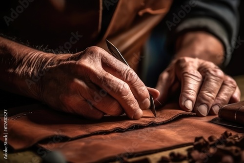 Close-up of old hands of a furrier master working on a simple leather product. Generative AI